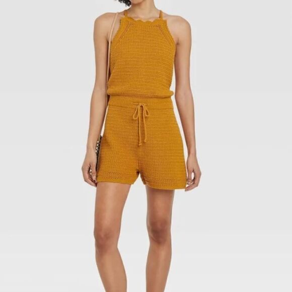 Universal Thread Crochet Sleeveless Halter Romper in Marigold Size Medium - Picture 3 of 15